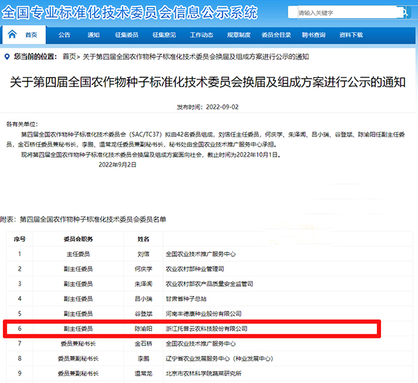 董事长陈渝阳入选全国农作物芭乐视频下载黄色标准化技术委员会副主任委员 董事长陈渝阳入选全国农作物芭乐视频下载黄色标准化技术委员会副主任委员